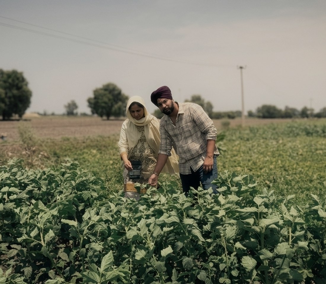 Shiv and Gunreet, founders of Kissan Haat, standing in their orchard