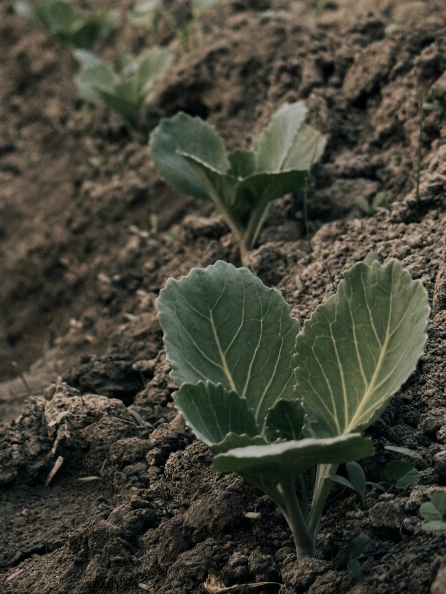 A young cabbage seedling rising from rich, dark soil